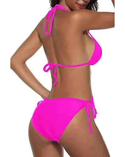 Adjustable Neck And Back Ties Halter Padded Top 2 Piece Bikini Sets-Neon Pink