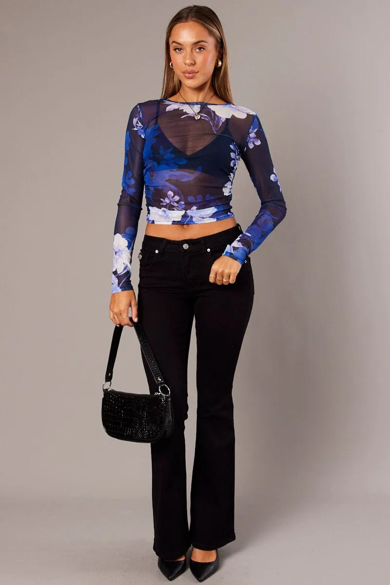 Blue Floral Mesh Top Long Sleeve Side Rushed