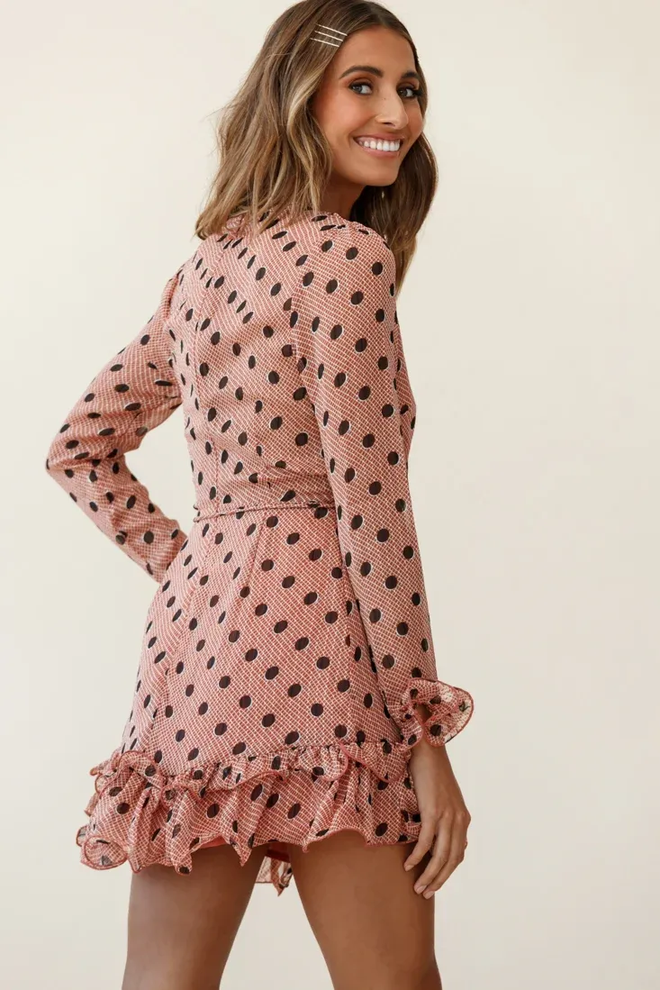 Breckin Long Sleeve Double Frill Hem Dress Polka Dot Print Rust