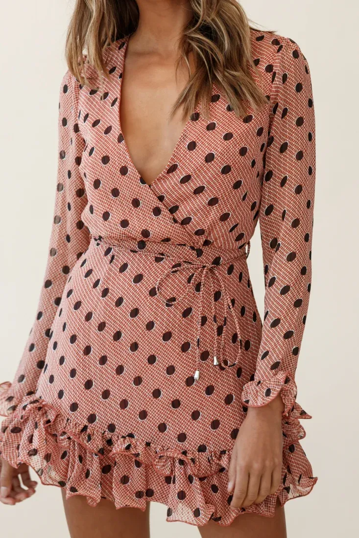 Breckin Long Sleeve Double Frill Hem Dress Polka Dot Print Rust