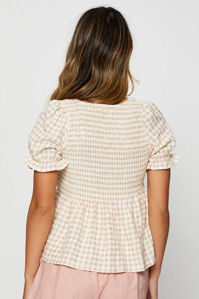 Check Puff Sleeve Top Short Sleeve