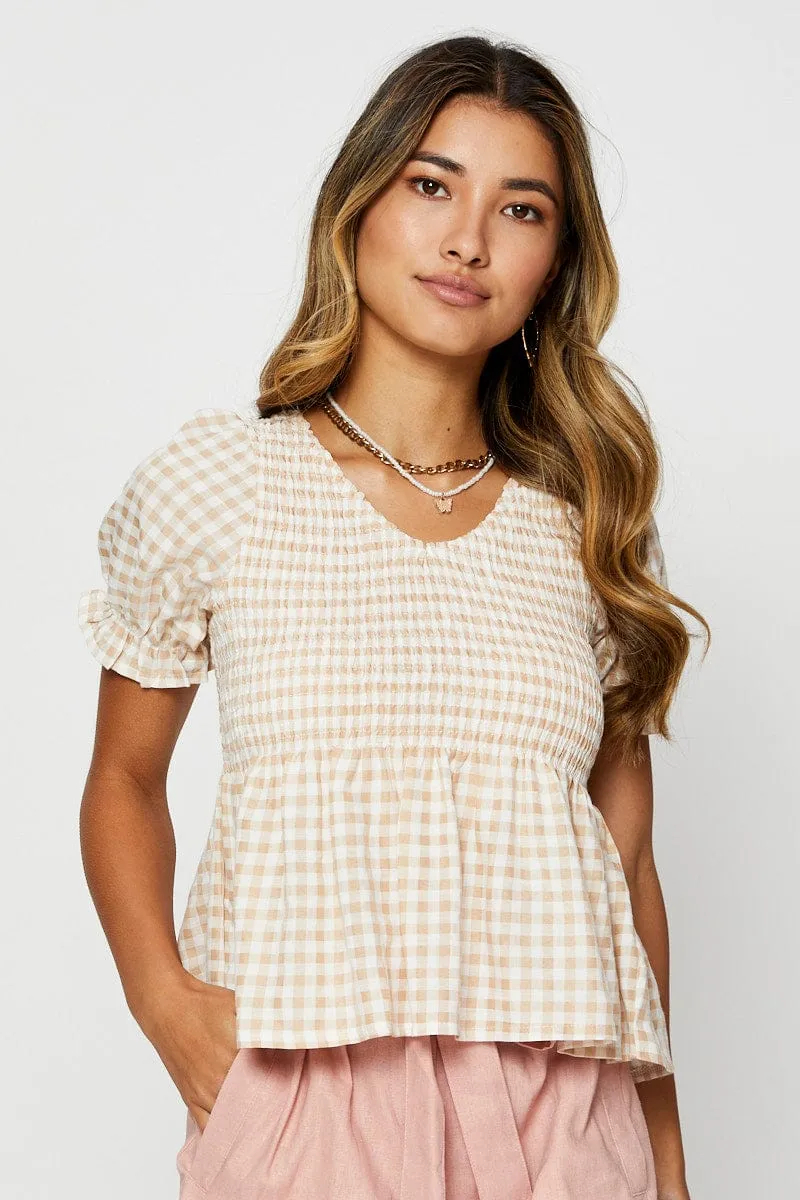 Check Puff Sleeve Top Short Sleeve