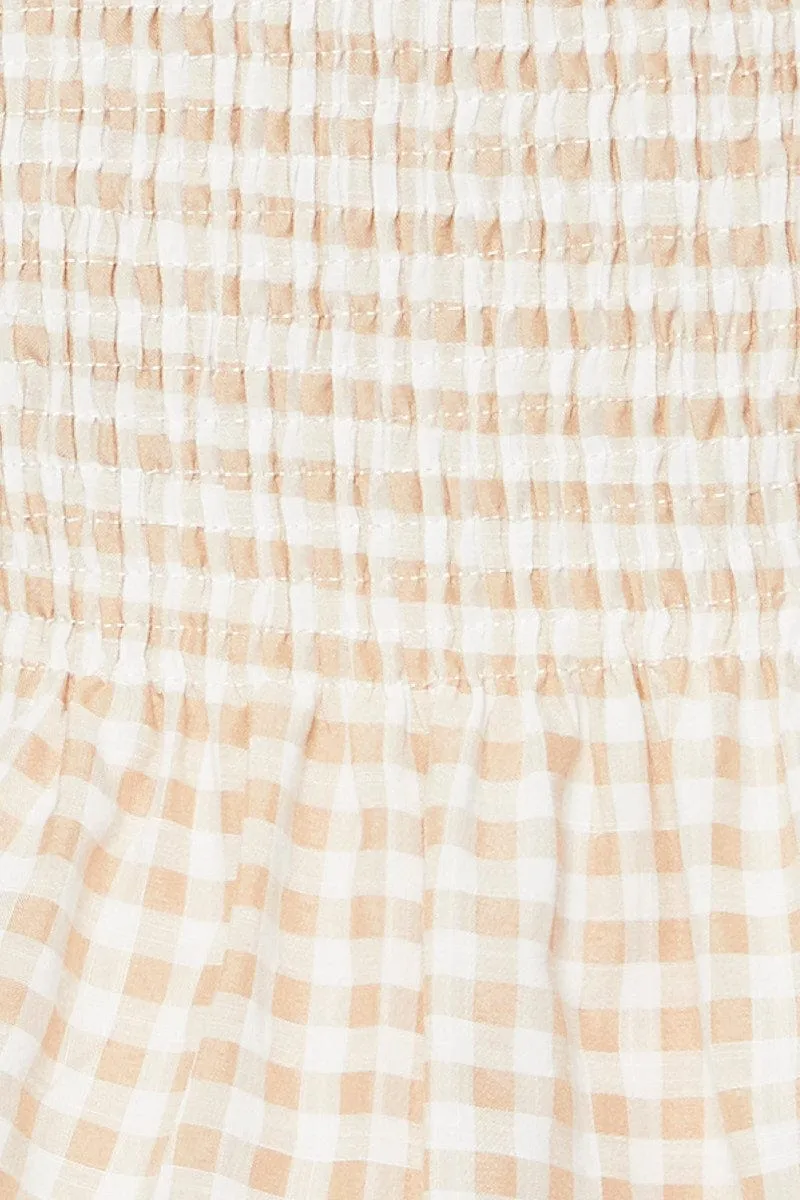 Check Puff Sleeve Top Short Sleeve