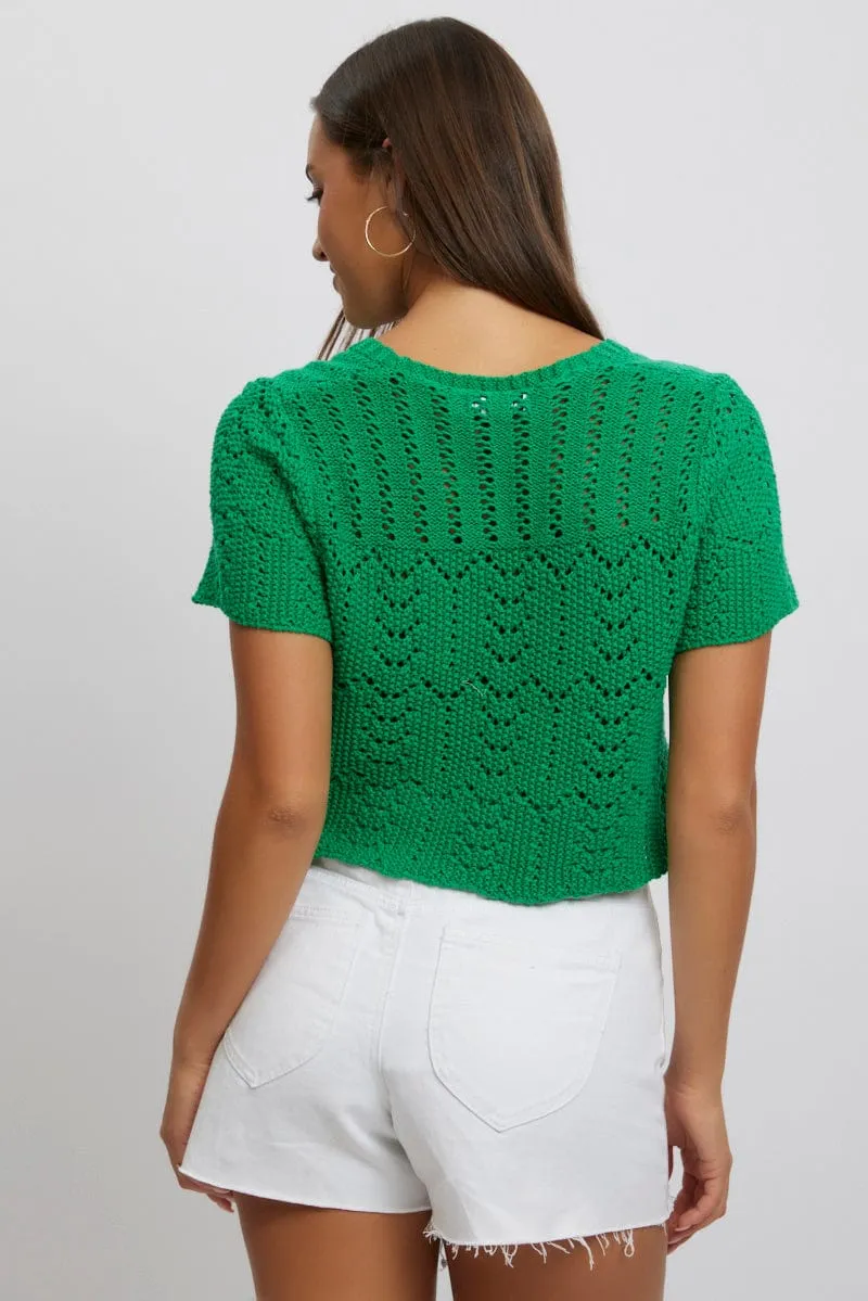 Green Crochet Knit Cardigan Short Sleeve V Neck