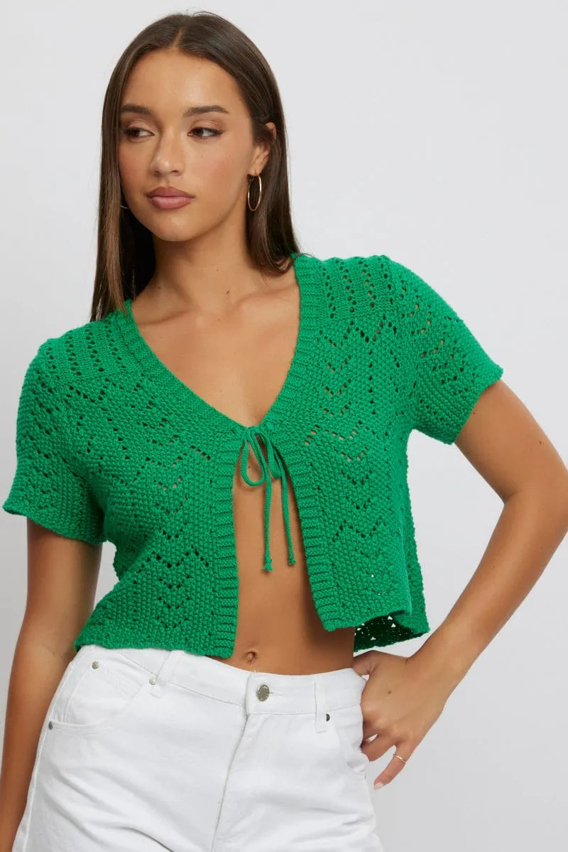 Green Crochet Knit Cardigan Short Sleeve V Neck