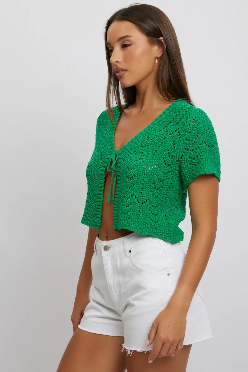 Green Crochet Knit Cardigan Short Sleeve V Neck