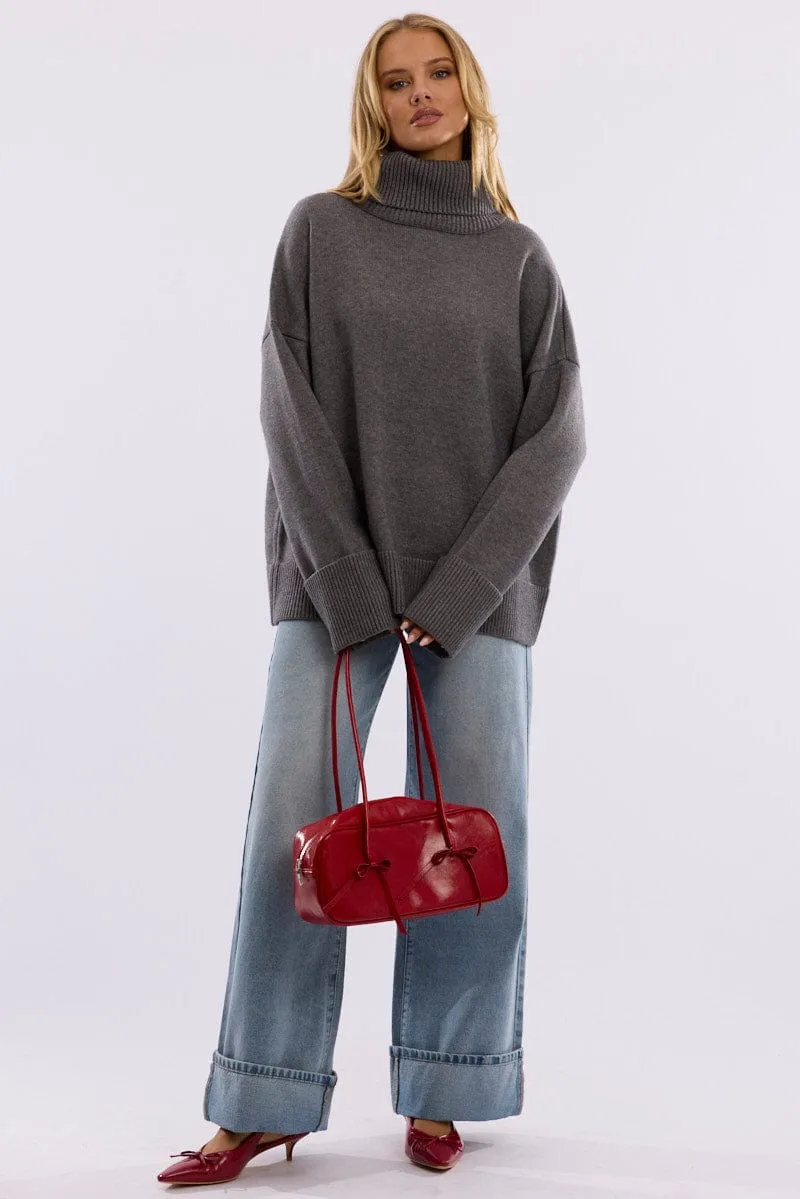 Grey Knit Top Long Sleeve Oversized High Neck