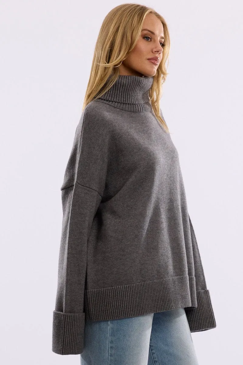 Grey Knit Top Long Sleeve Oversized High Neck