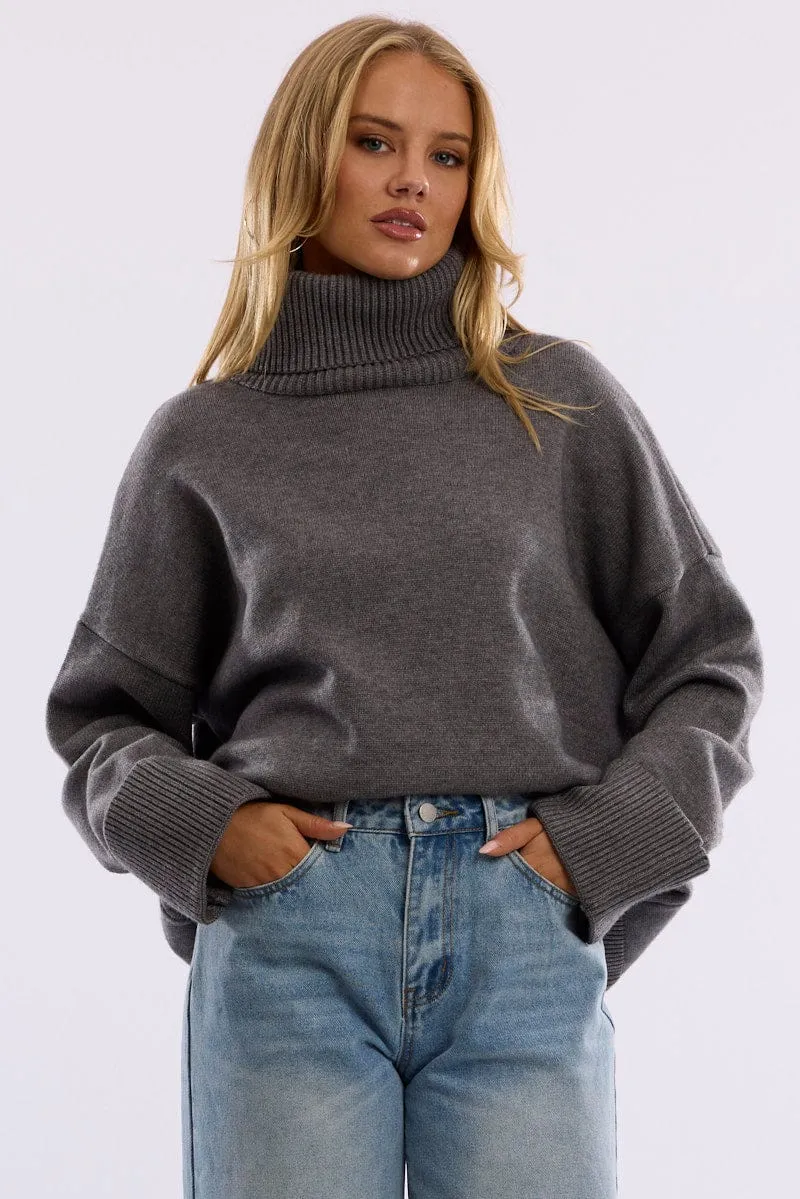 Grey Knit Top Long Sleeve Oversized High Neck