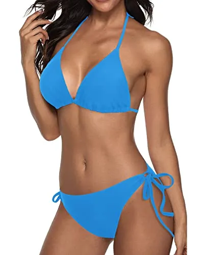 Halter Padded Top Tie Side Bottom Triangle Bikini 2 Piece Bikini Sets-Blue