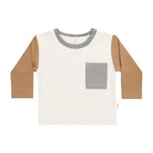 Long Sleeve Pocket Tee - Color Block - Ivory / Dusty Blue / Golden - FINAL SALE