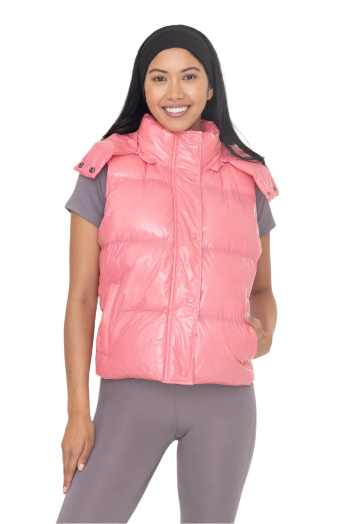 Mono B Cropped Glossy Faux Leather Hoodie Vest AJ7268