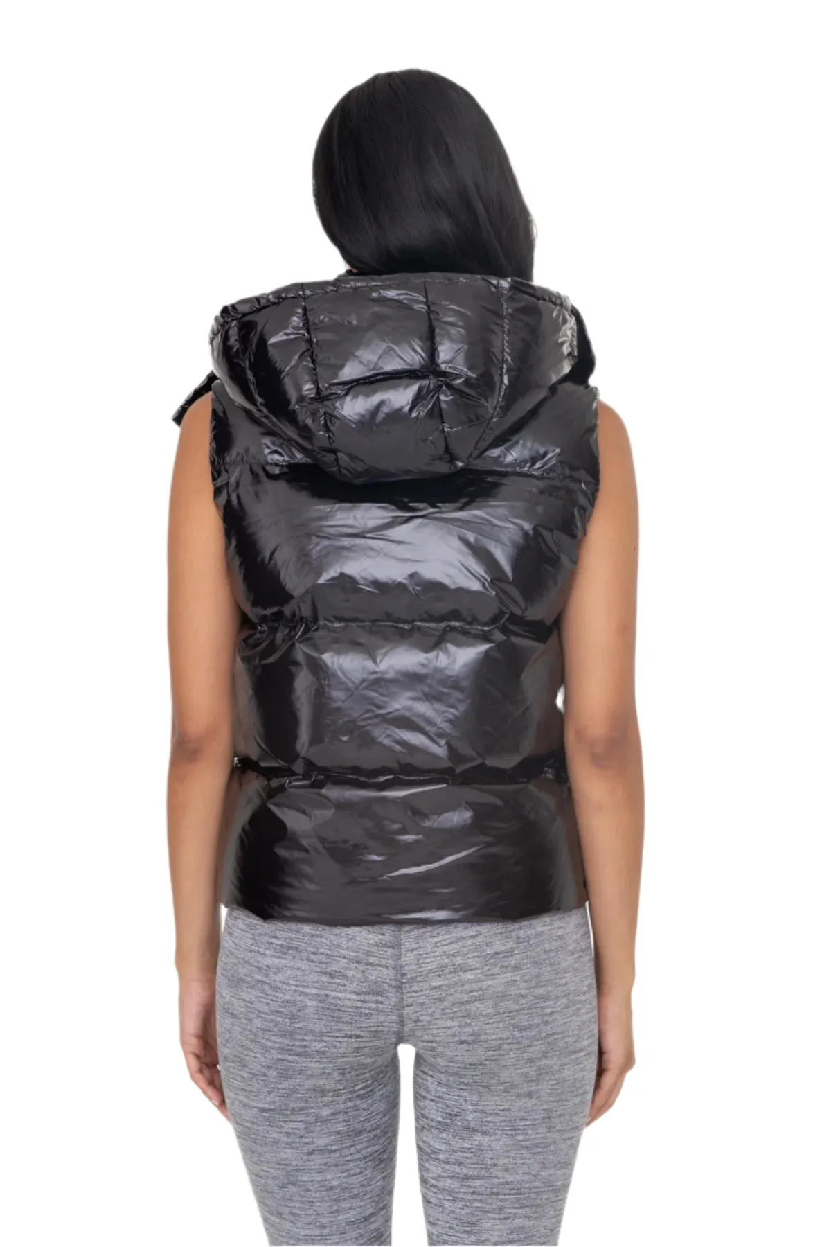 Mono B Cropped Glossy Faux Leather Hoodie Vest AJ7268