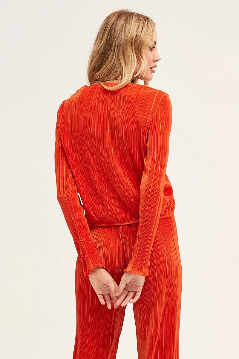 Orange Plisse Top Tie Front Long Sleeve