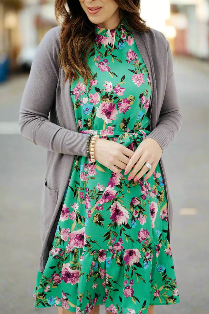 Painted Floral Tie Waist Ruffle Dress