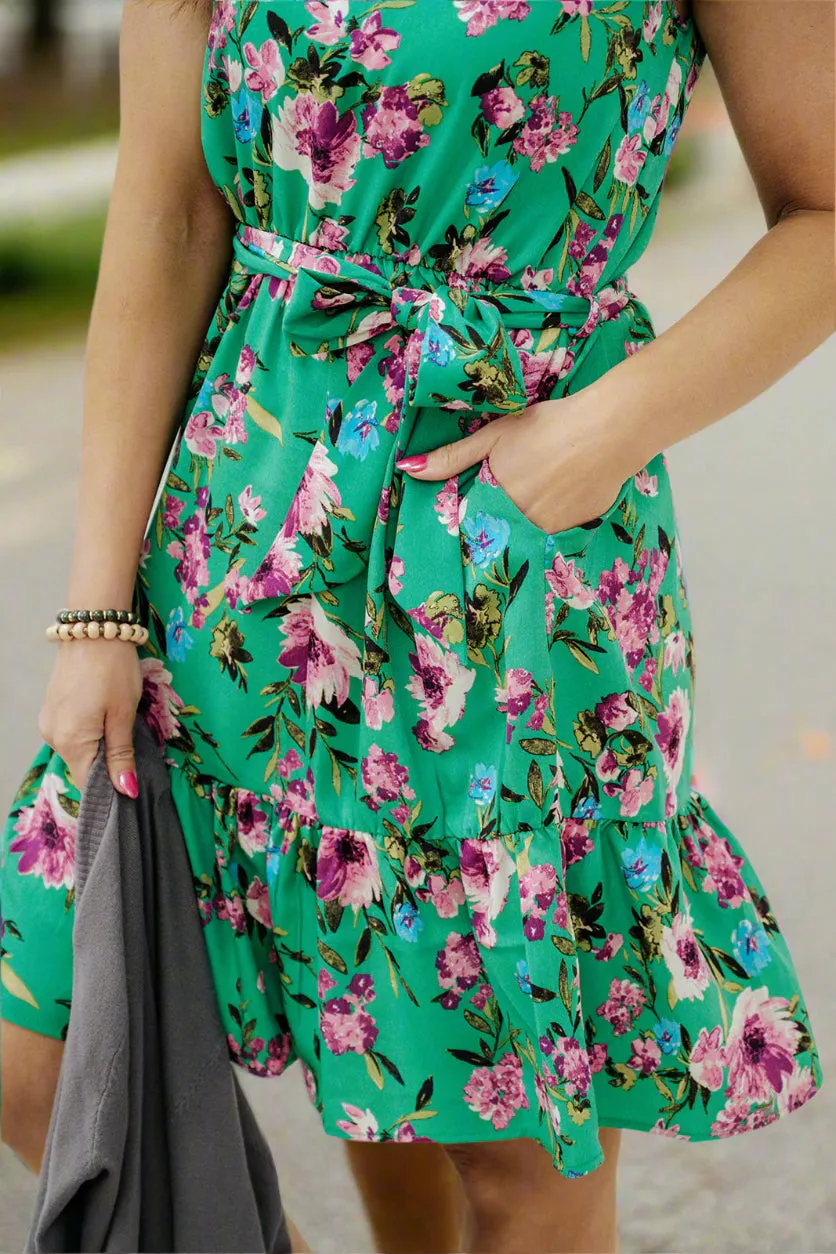 Painted Floral Tie Waist Ruffle Dress