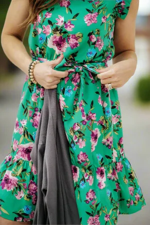 Painted Floral Tie Waist Ruffle Dress