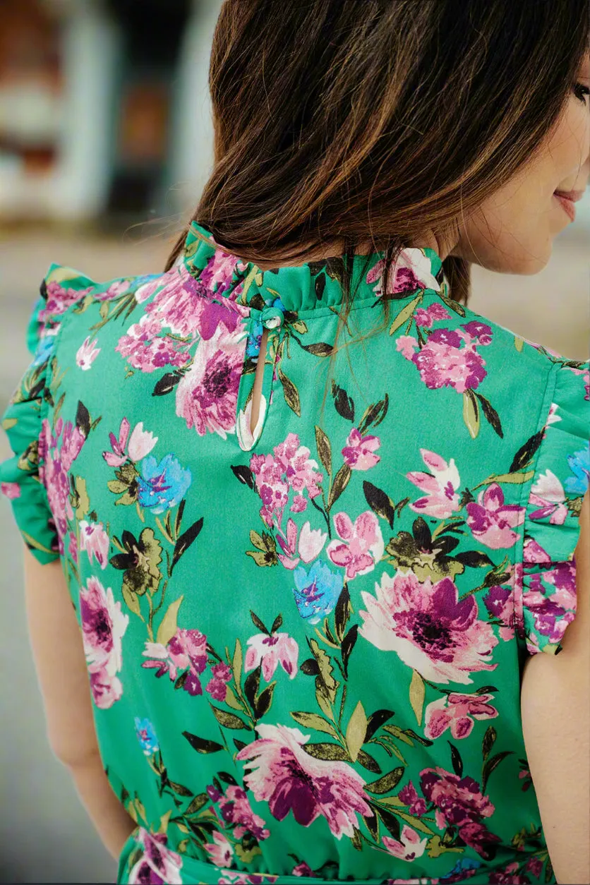 Painted Floral Tie Waist Ruffle Dress