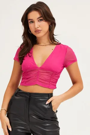 Pink Short Sleeve V Neck Ruched Mesh Top
