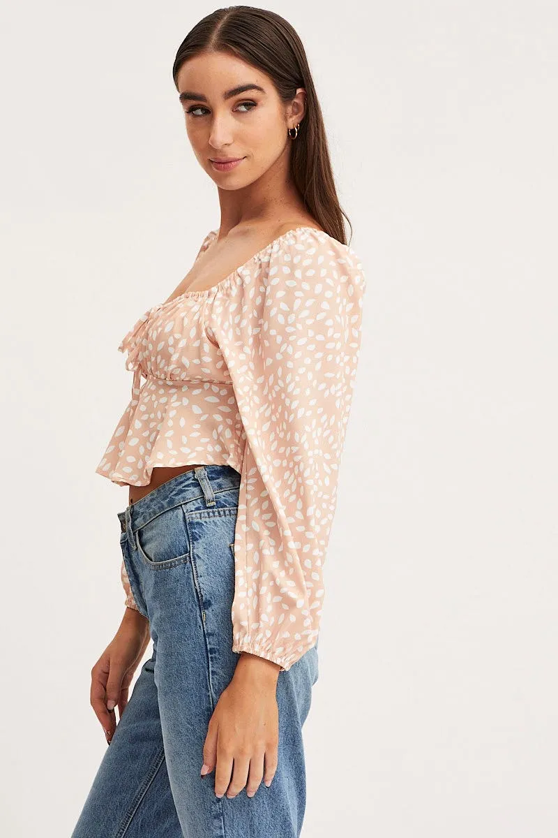 Print Tie Front Top Long Sleeve Crop
