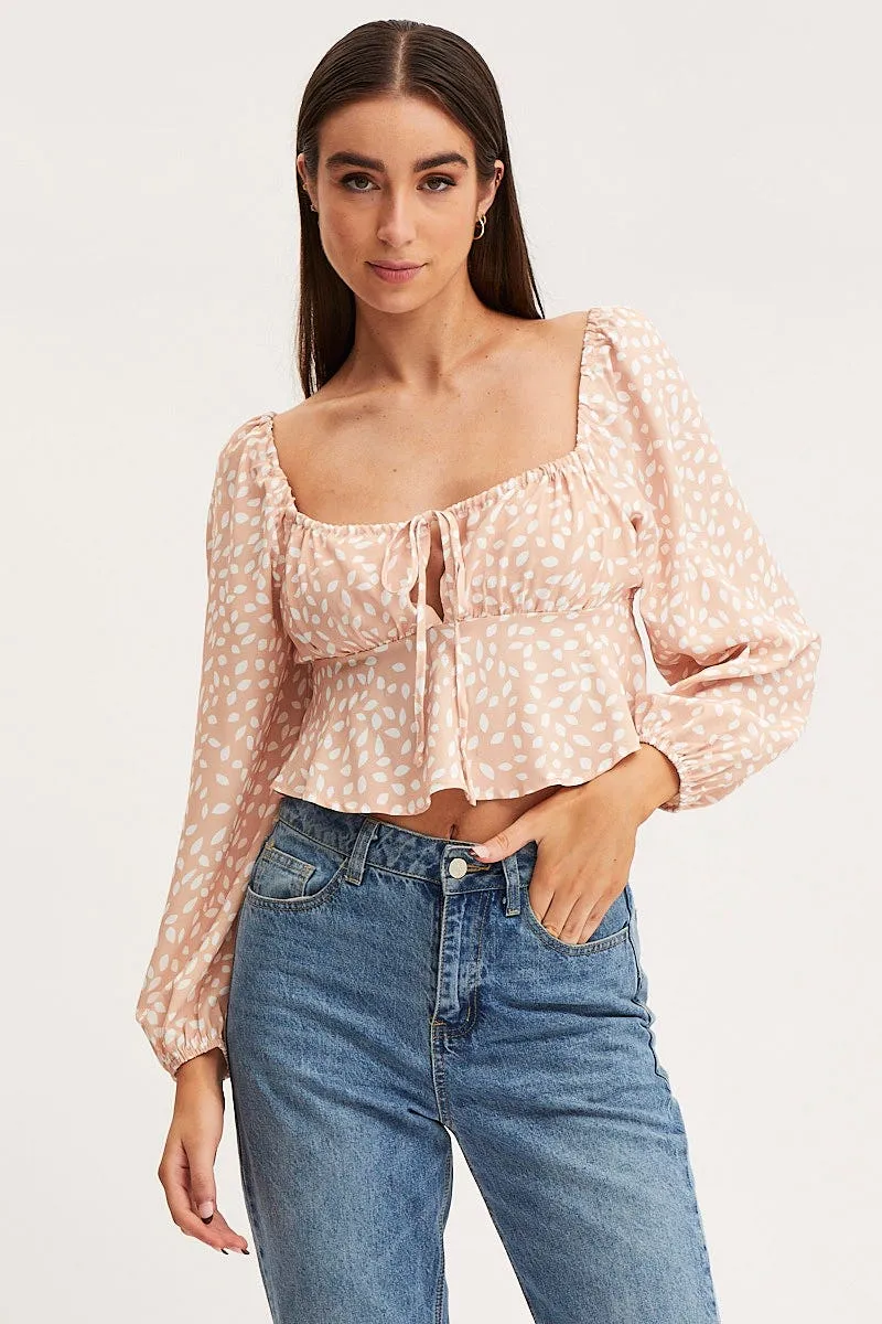 Print Tie Front Top Long Sleeve Crop