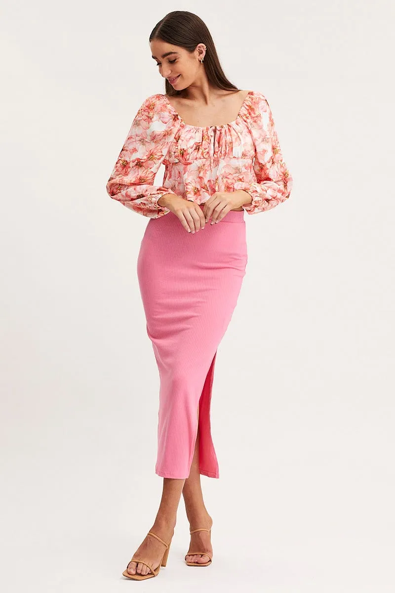 Print Tie Front Top Long Sleeve Crop