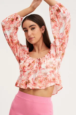Print Tie Front Top Long Sleeve Crop