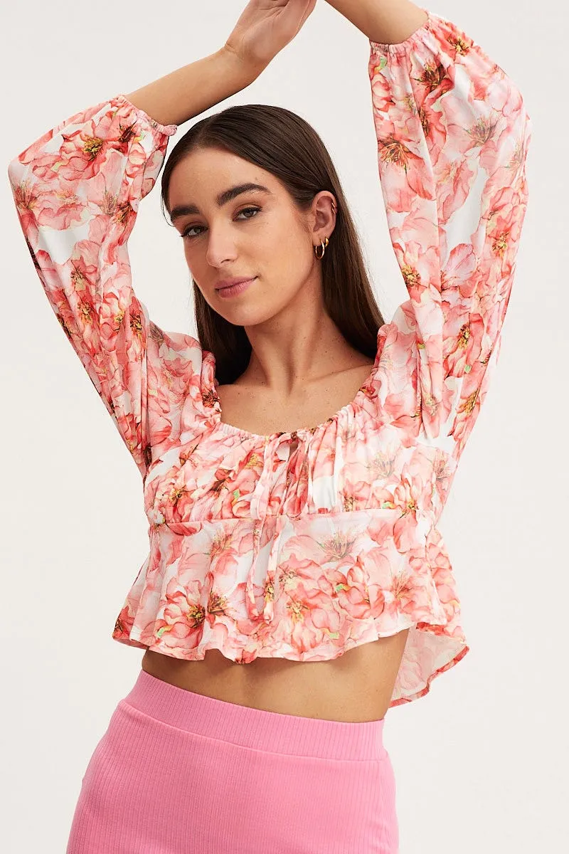 Print Tie Front Top Long Sleeve Crop