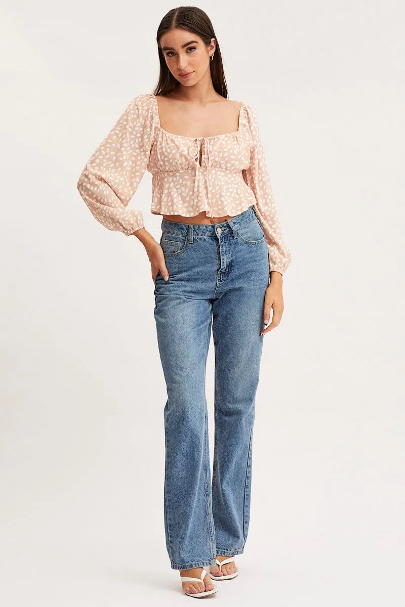 Print Tie Front Top Long Sleeve Crop