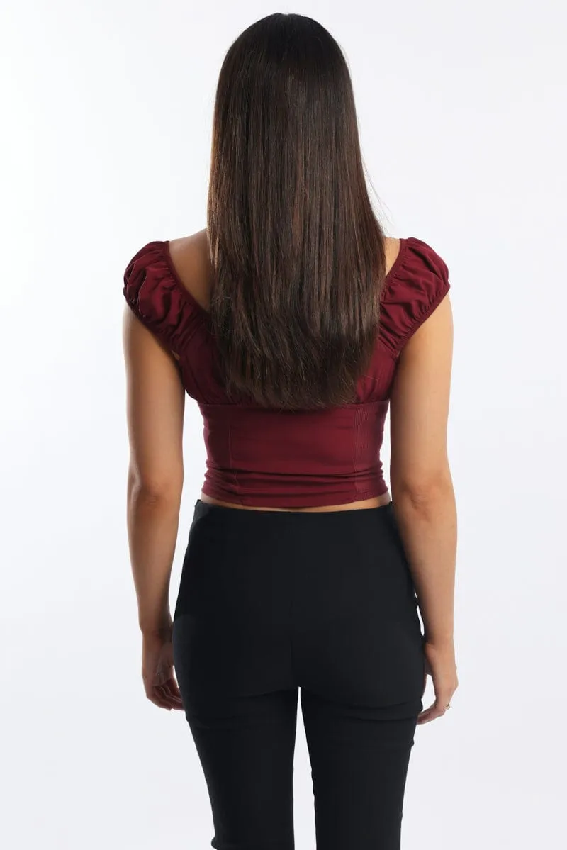 Red Crop Top Short Sleeve V Neck Button Details