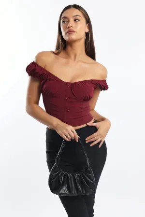 Red Crop Top Short Sleeve V Neck Button Details