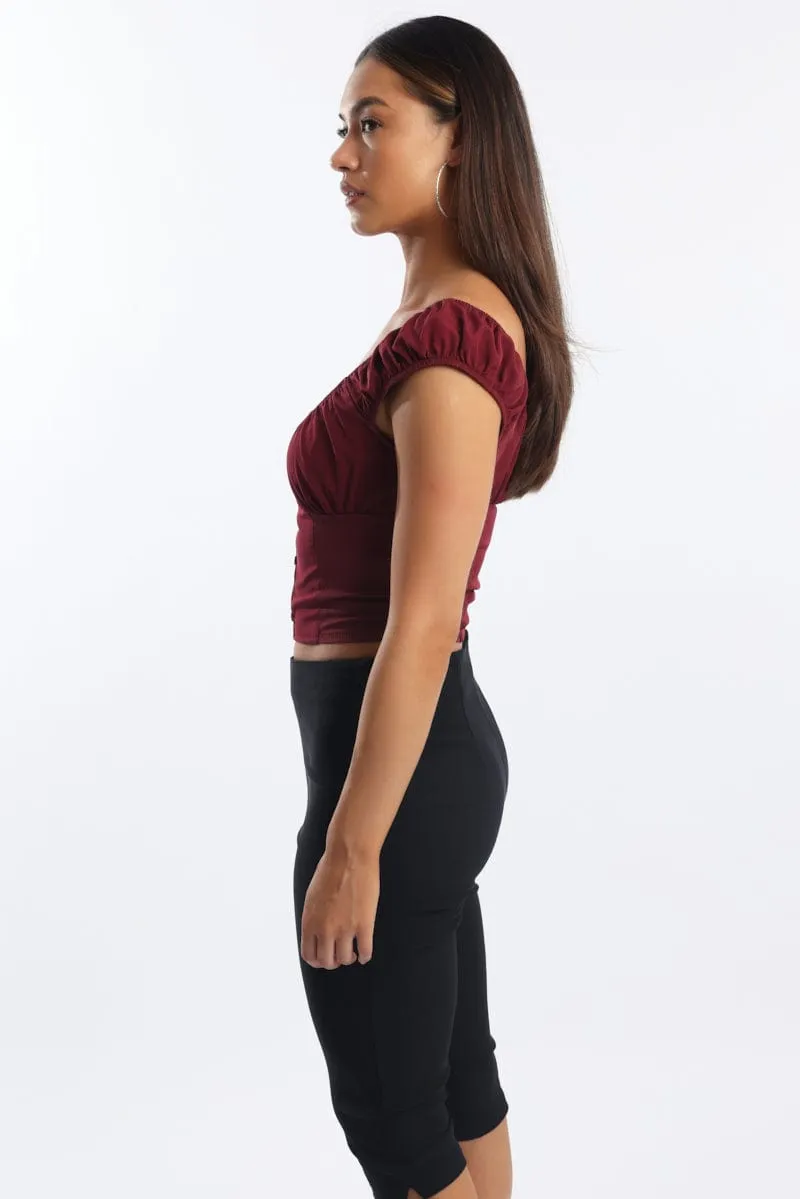 Red Crop Top Short Sleeve V Neck Button Details
