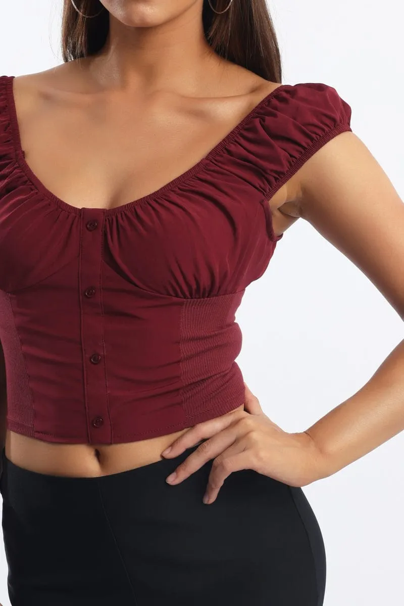 Red Crop Top Short Sleeve V Neck Button Details