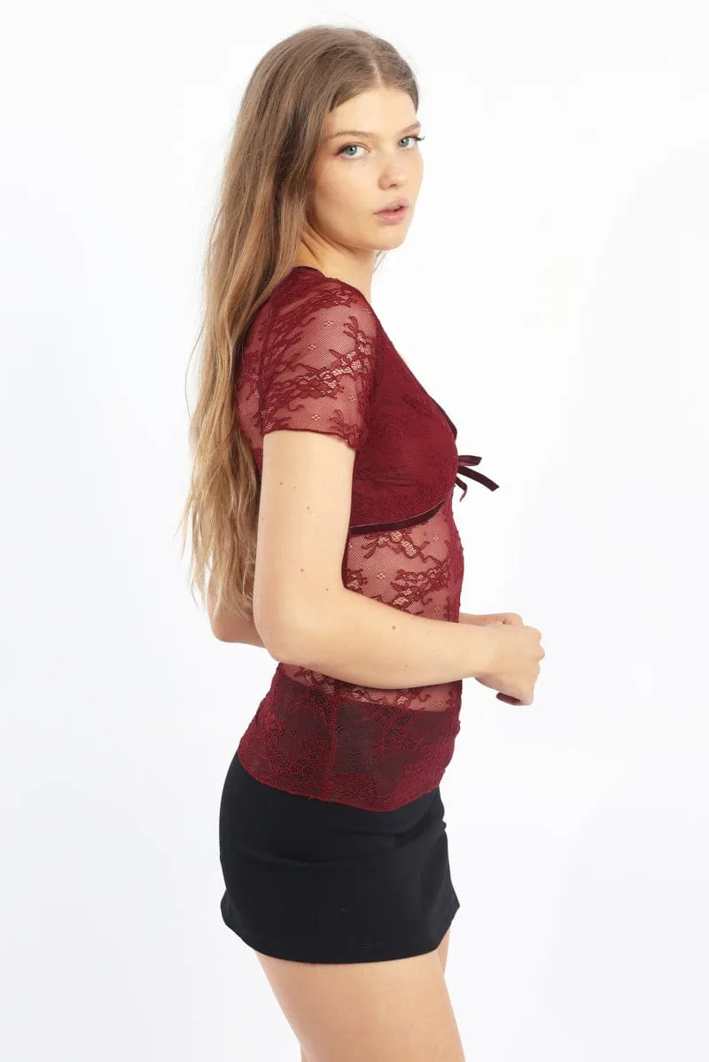 Red V-neck Top Short Sleeve Lace