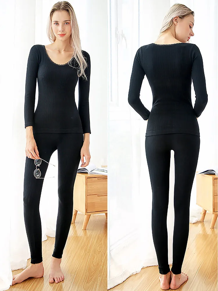 Round Neck Solid Color Striped Cotton Thermal Sets