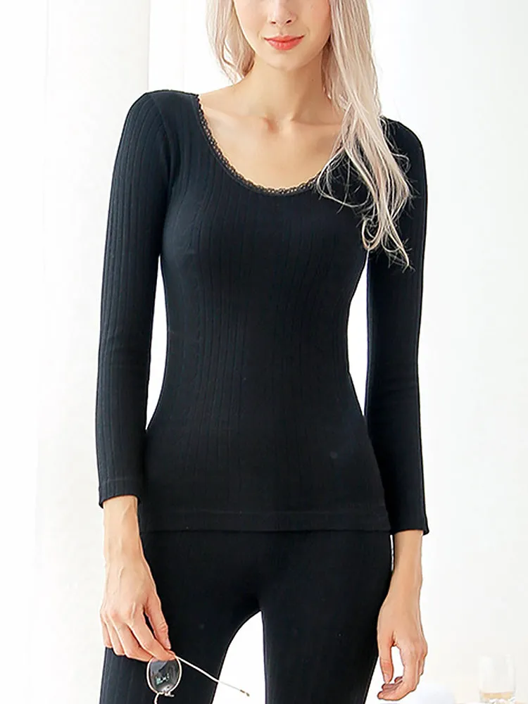 Round Neck Solid Color Striped Cotton Thermal Sets