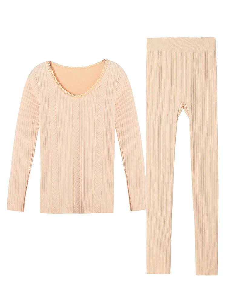 Round Neck Solid Color Striped Cotton Thermal Sets