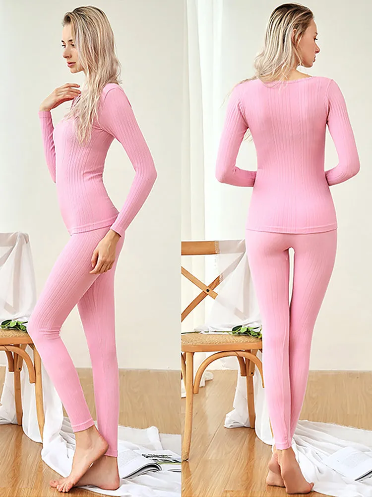 Round Neck Solid Color Striped Cotton Thermal Sets