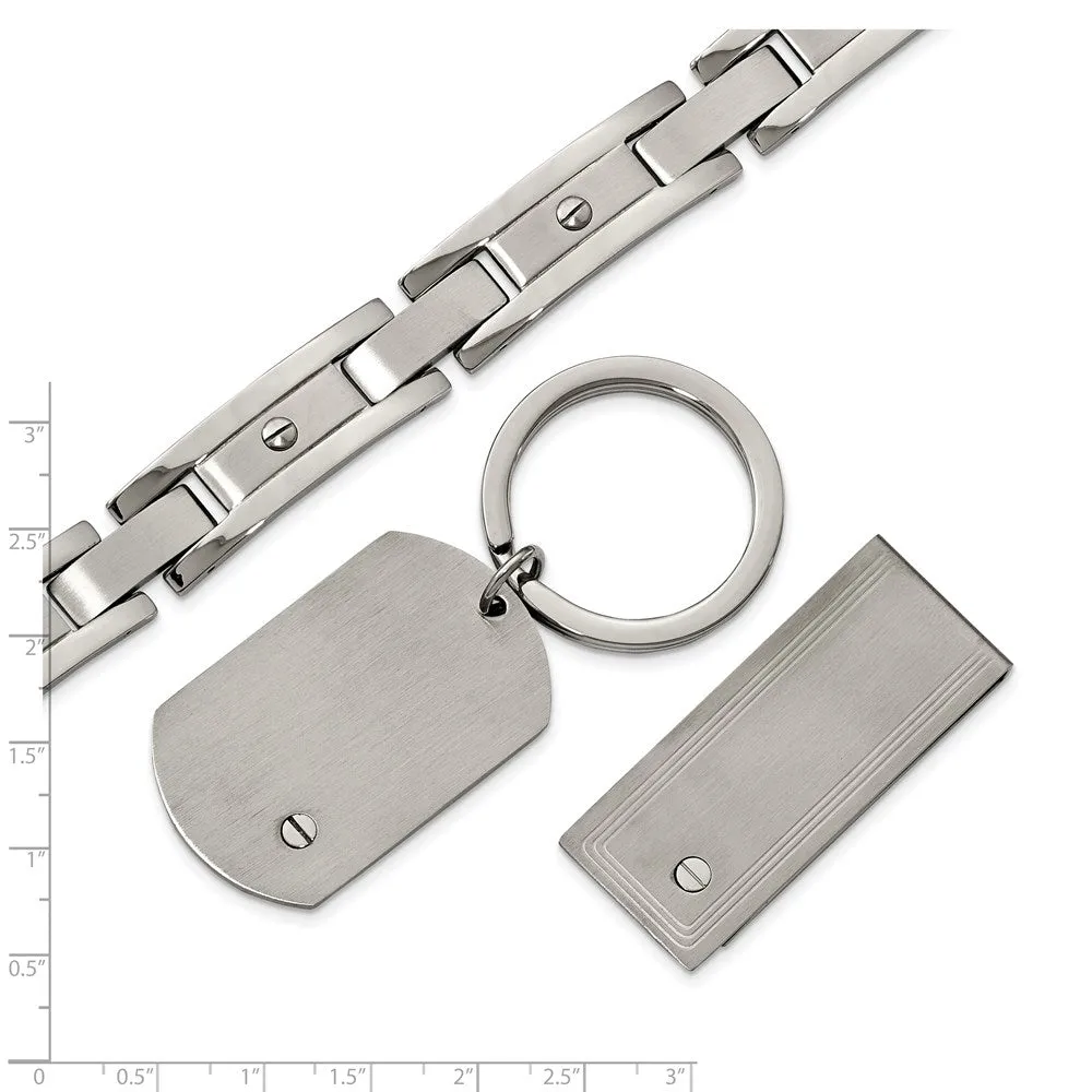 Stainless Steel Brushed and Polished Bracelet, Money Clip and Key Ring Set