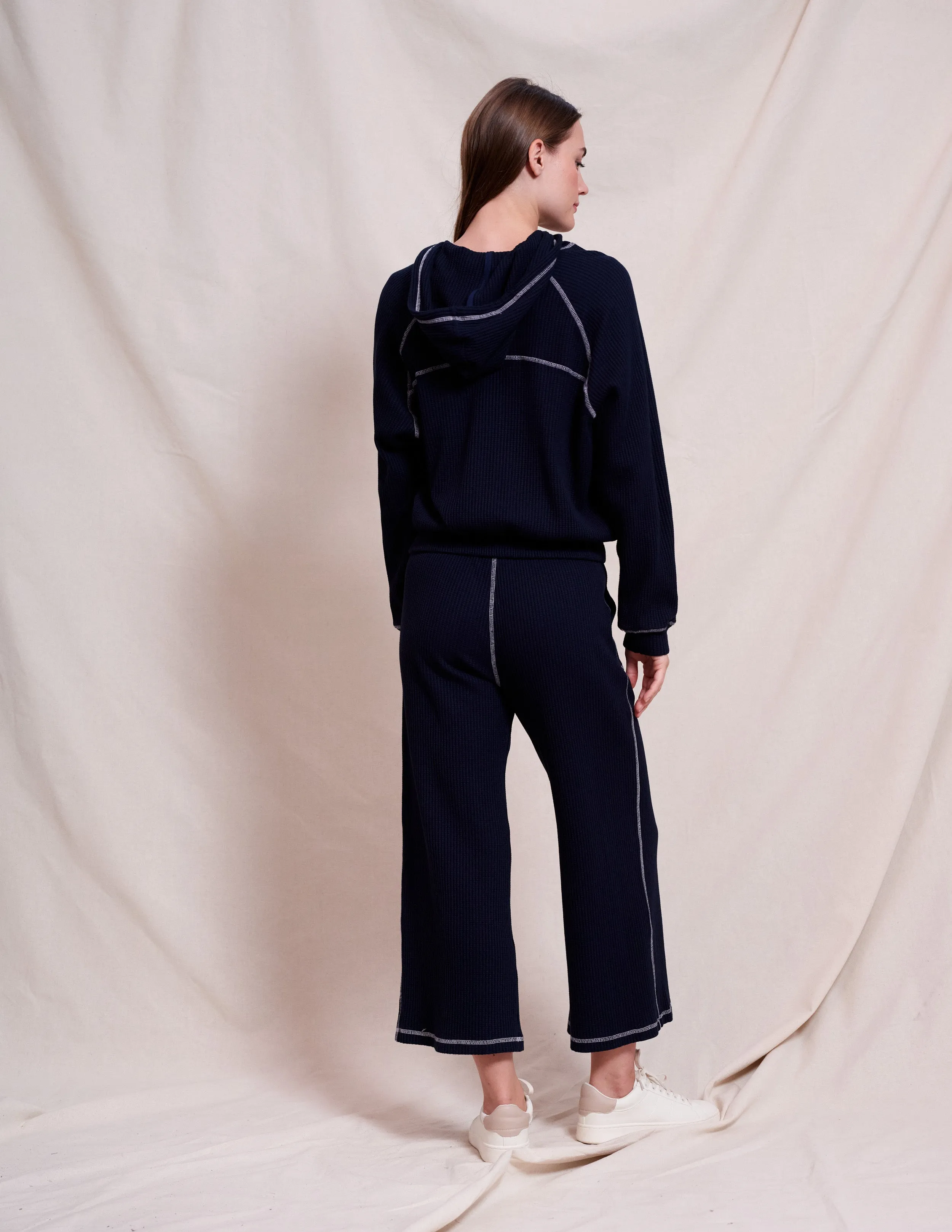 Sundry Contrast Stitch Hoodie & Lace Up Wide Leg Pant Set in Deep Navy