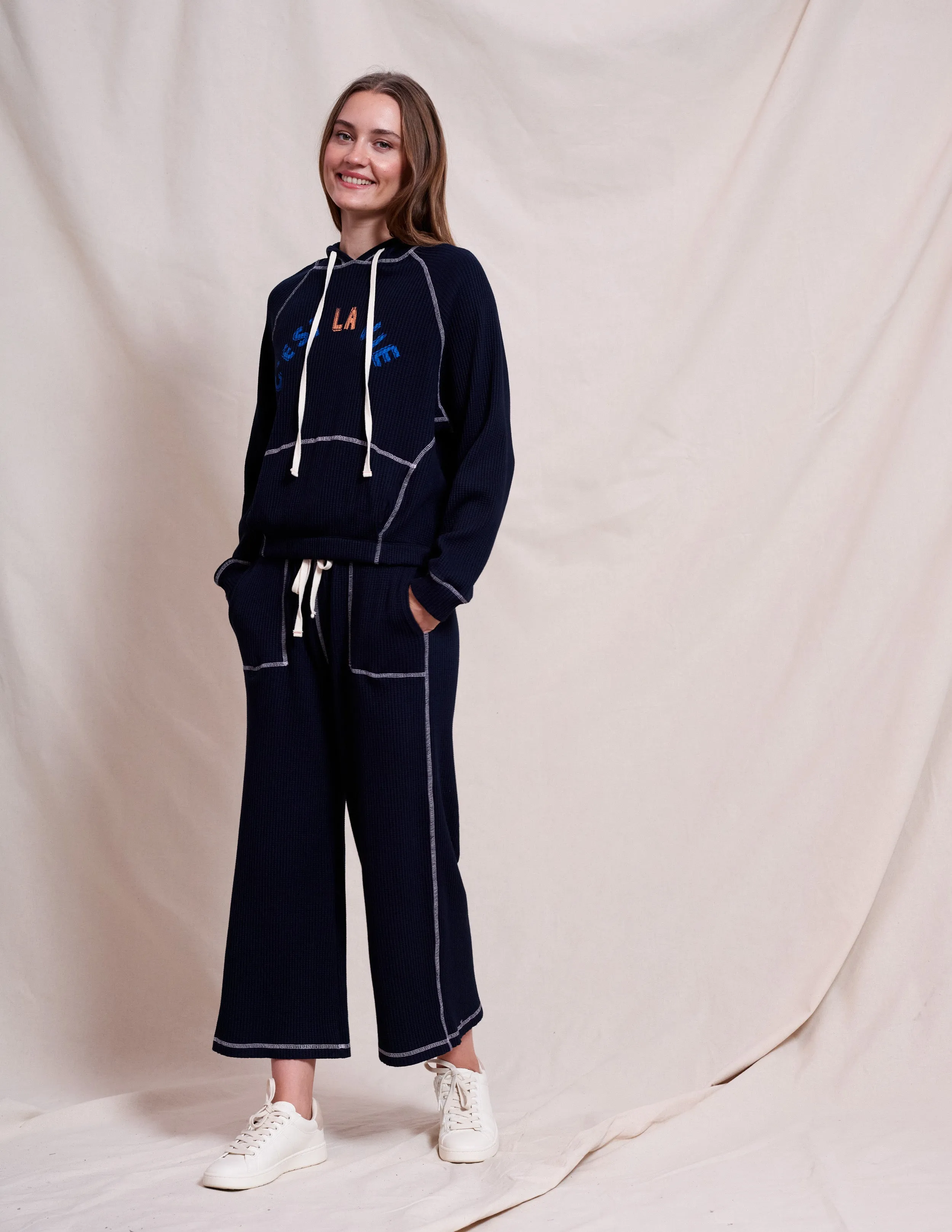 Sundry Contrast Stitch Hoodie & Lace Up Wide Leg Pant Set in Deep Navy