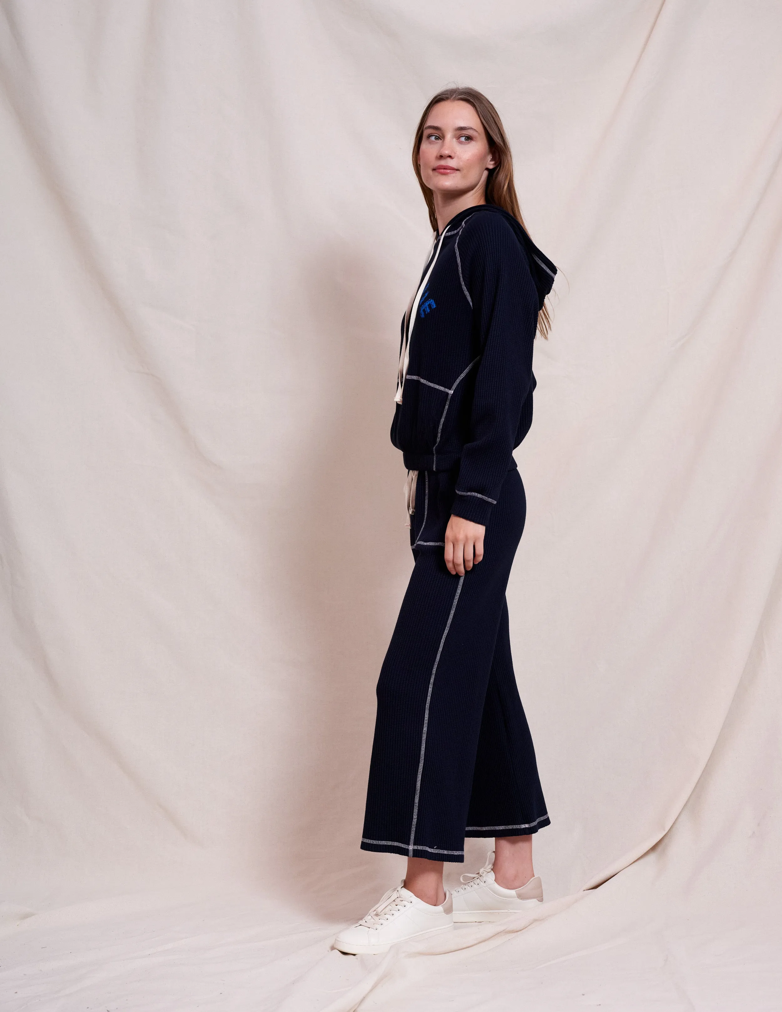 Sundry Contrast Stitch Hoodie & Lace Up Wide Leg Pant Set in Deep Navy