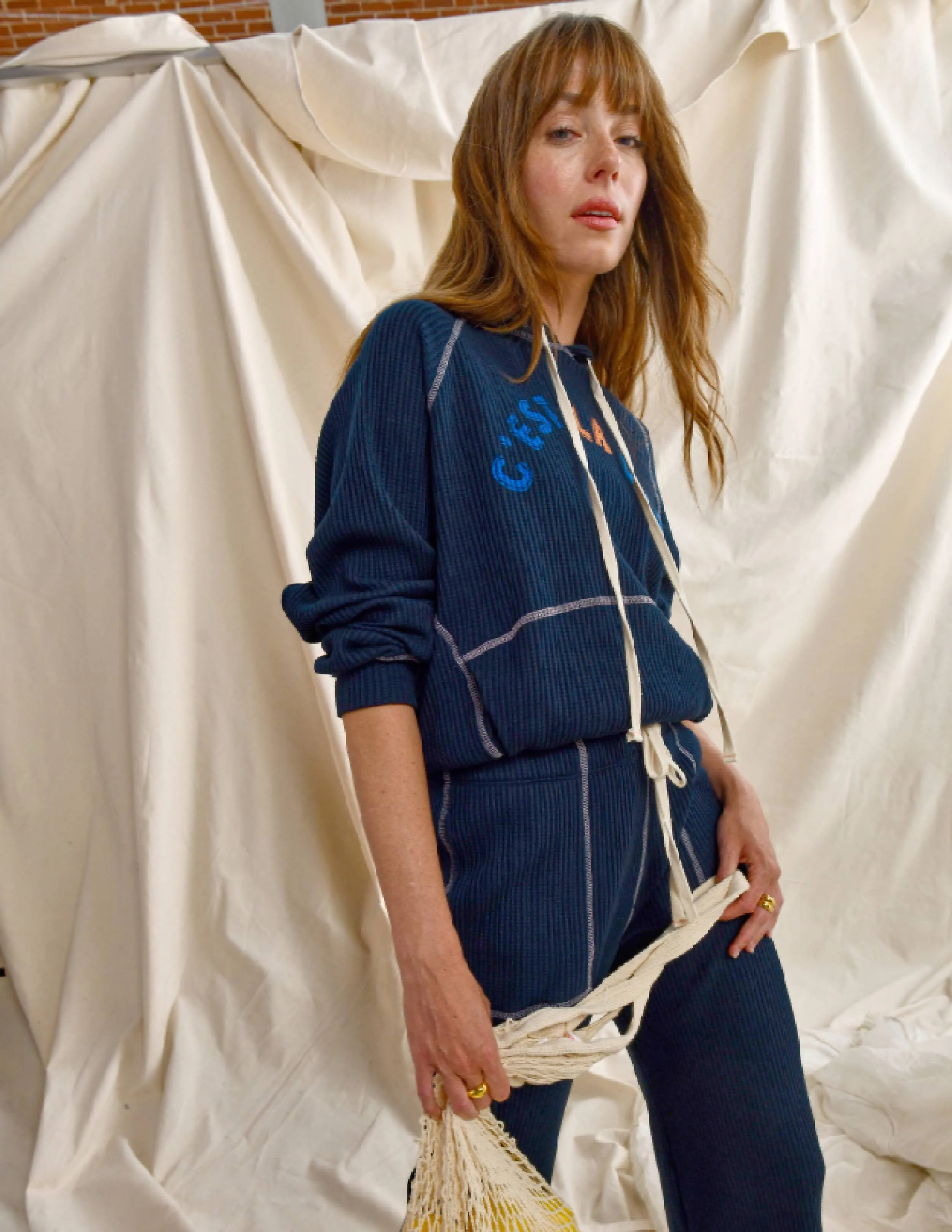 Sundry Contrast Stitch Hoodie & Lace Up Wide Leg Pant Set in Deep Navy