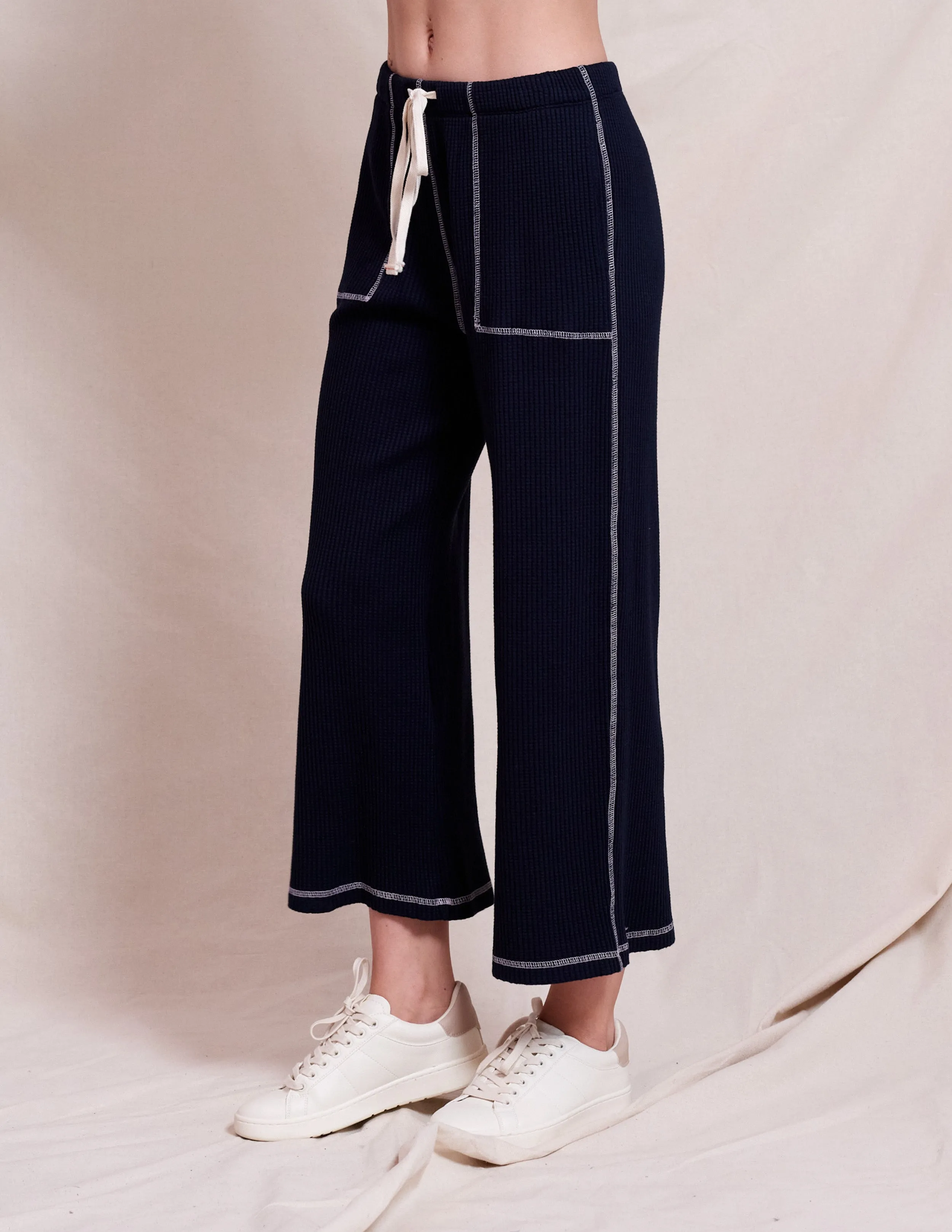 Sundry Contrast Stitch Hoodie & Lace Up Wide Leg Pant Set in Deep Navy