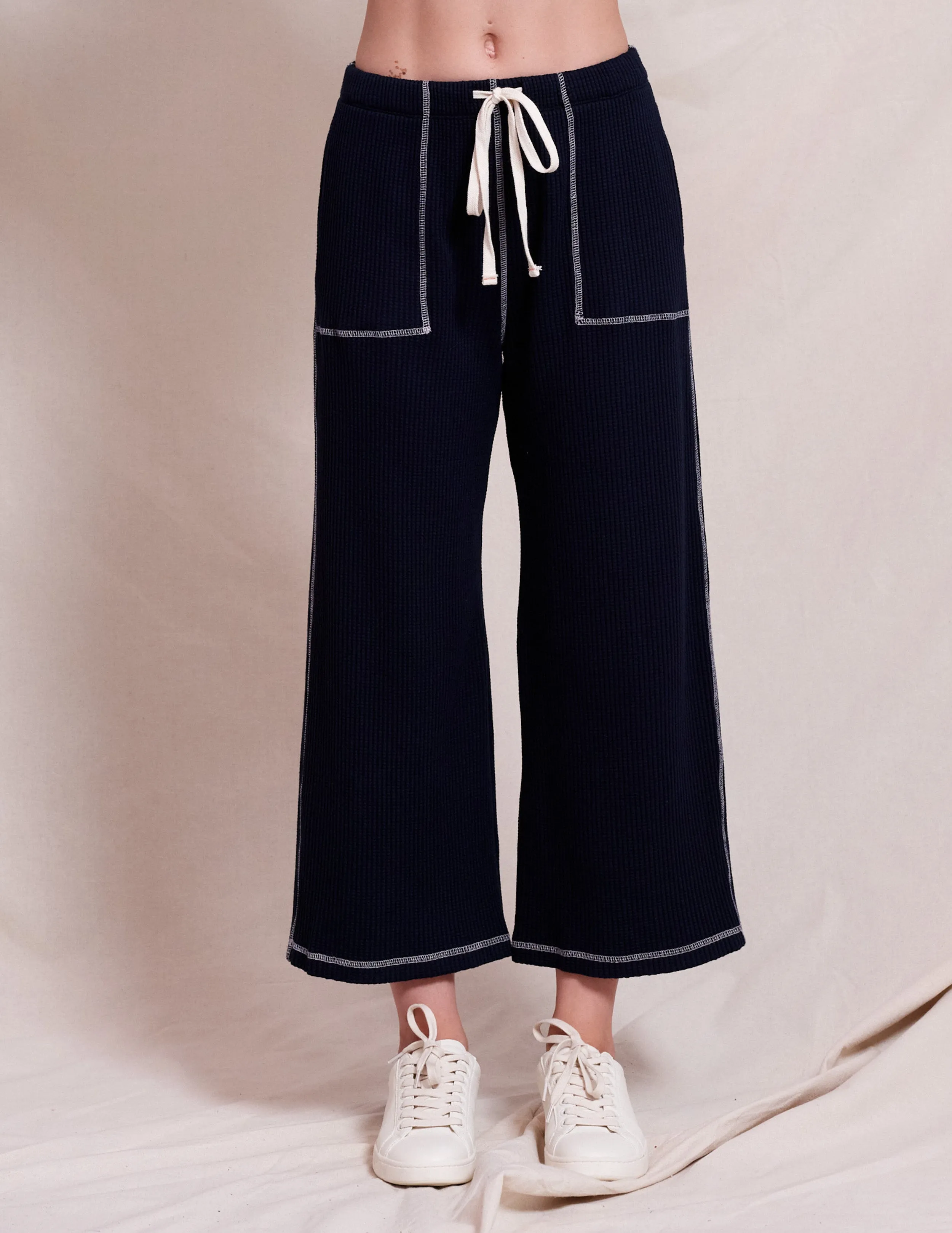 Sundry Contrast Stitch Hoodie & Lace Up Wide Leg Pant Set in Deep Navy
