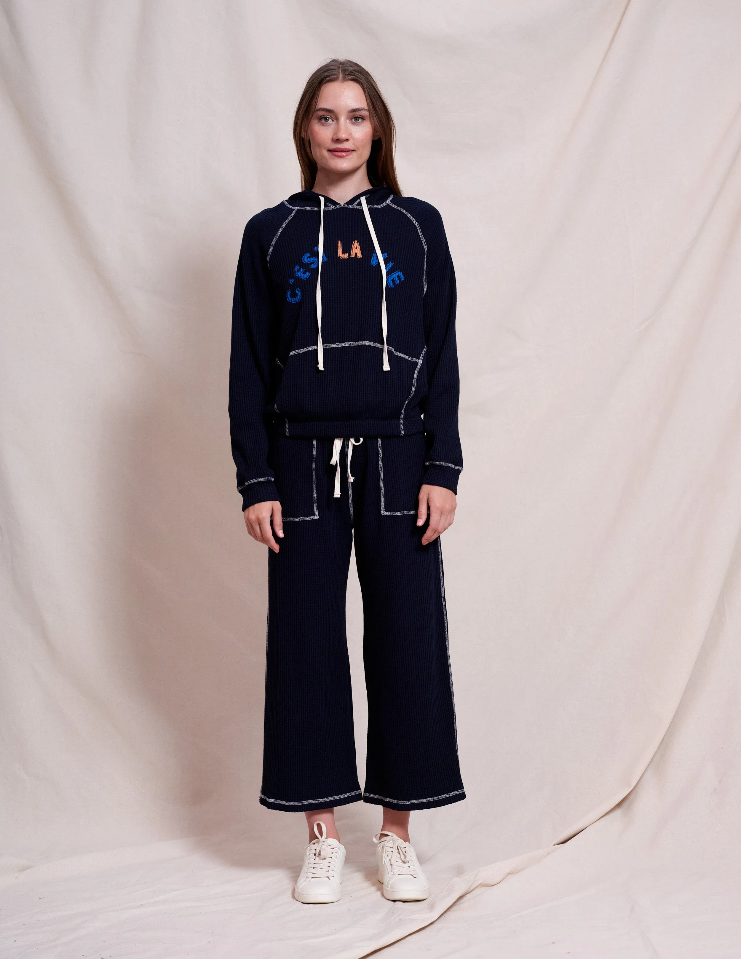Sundry Contrast Stitch Hoodie & Lace Up Wide Leg Pant Set in Deep Navy