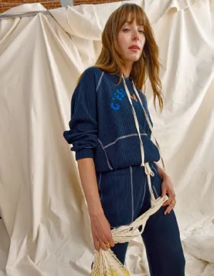 Sundry Contrast Stitch Hoodie & Lace Up Wide Leg Pant Set in Deep Navy
