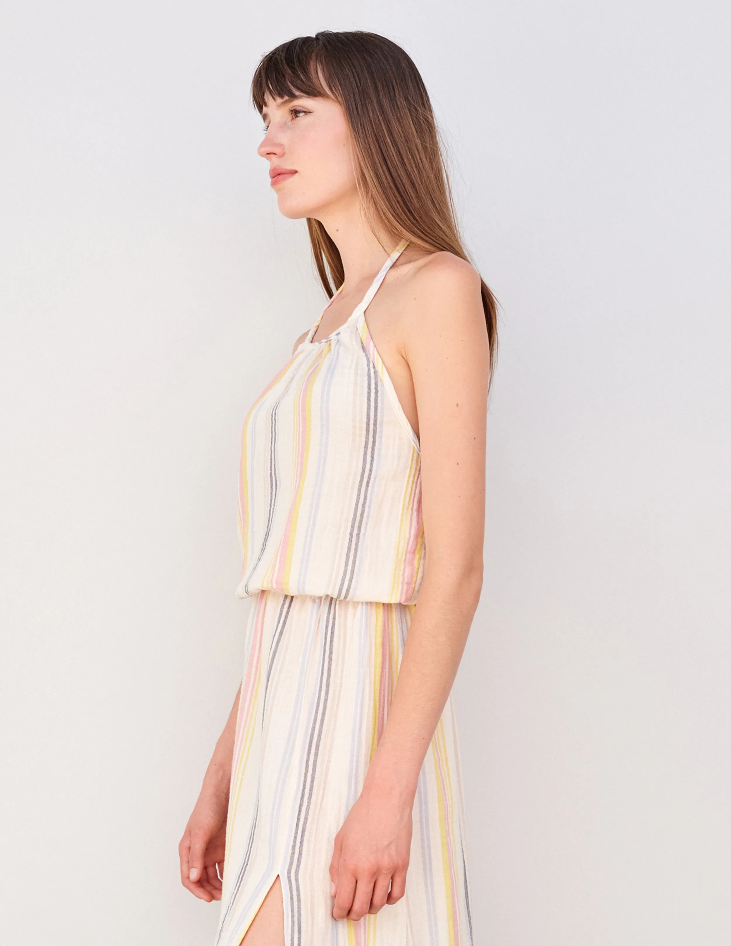Sundry Halter Top & Long Skirt with Slit Set in Cream/Multi Stripes
