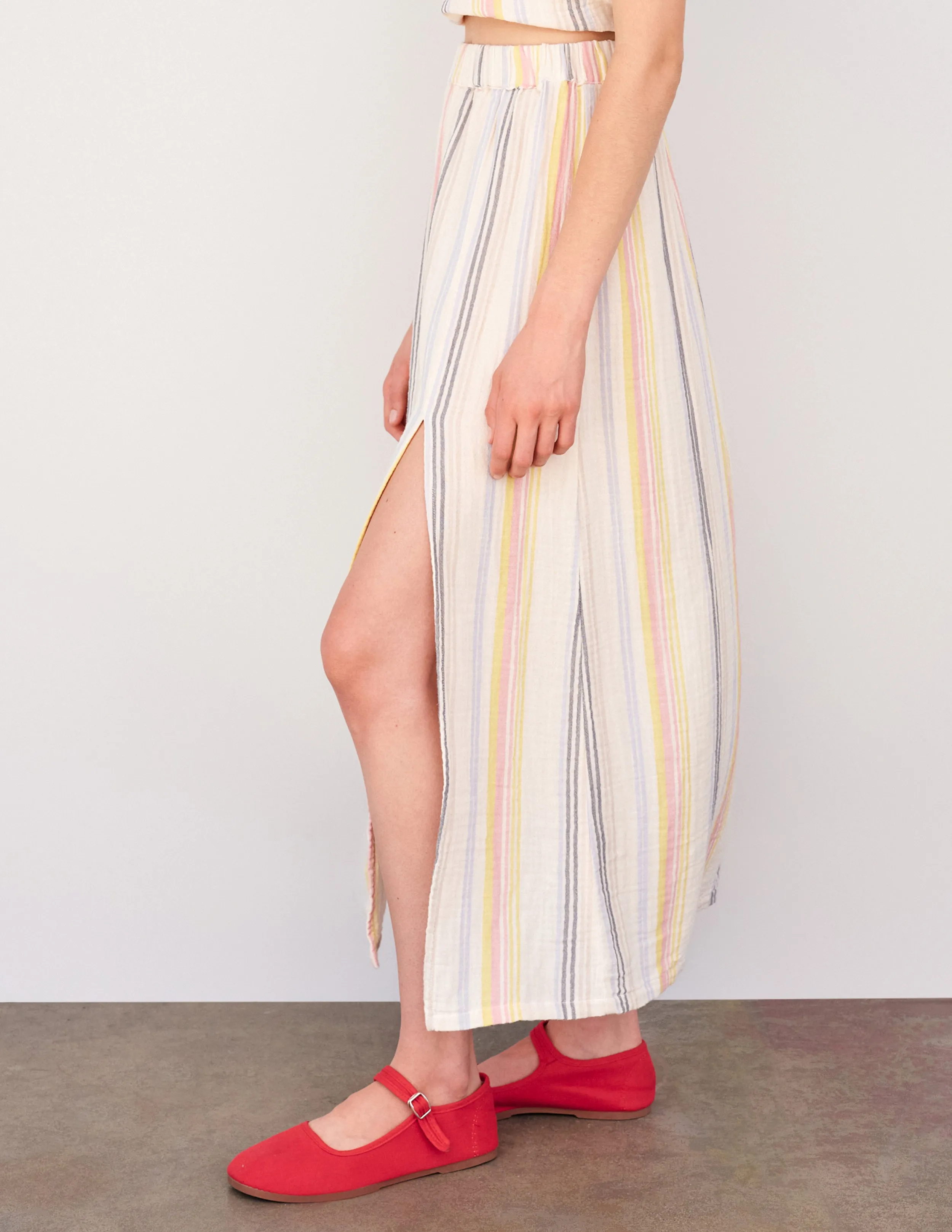 Sundry Halter Top & Long Skirt with Slit Set in Cream/Multi Stripes