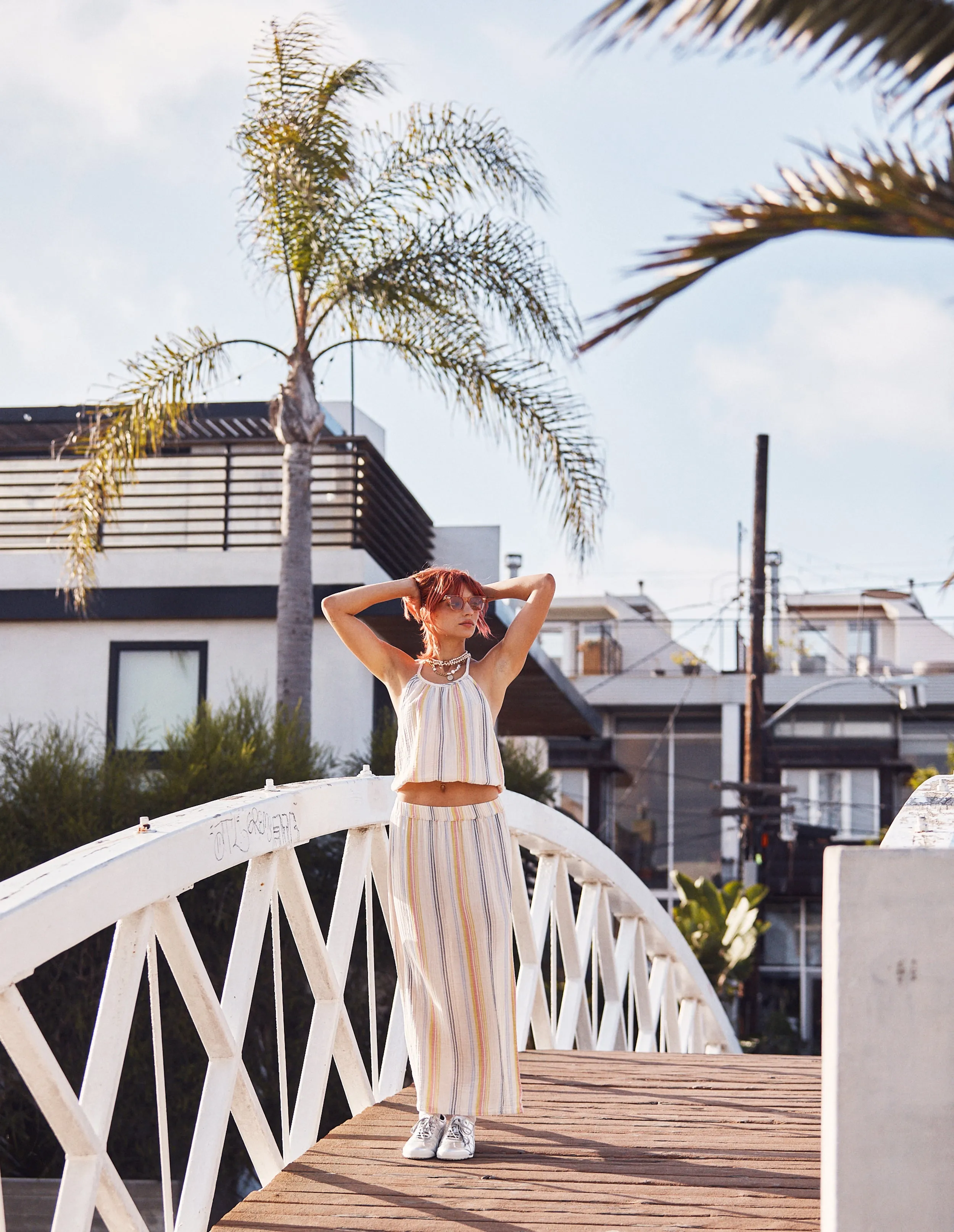 Sundry Halter Top & Long Skirt with Slit Set in Cream/Multi Stripes